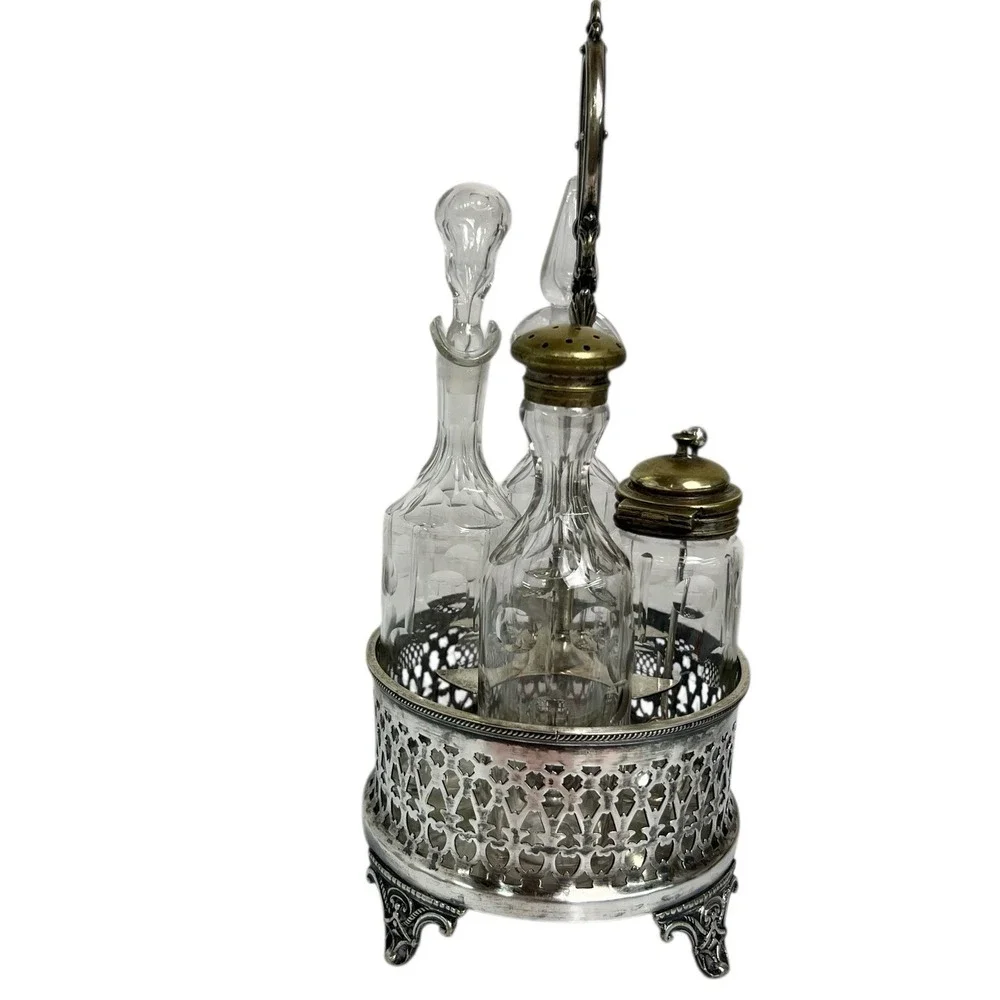 Victorian Cruet Set Silverplate Oil Vinegar‎ Mustard w Spoon Antique 1800's